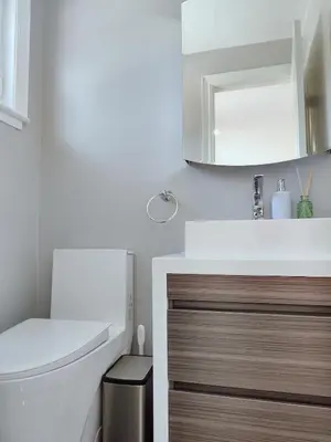 a bathroom with a toilet and a sink and a mirror at 5 Bed 4Bath 9 Parking Lakeside Retreat in Ajax