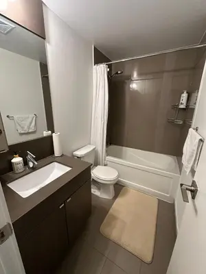 a bathroom with a sink and a toilet and a tub at Cozy Condo Midtown Toronto in Toronto
