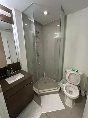 a bathroom with a shower and a toilet and a sink at Cozy Condo Midtown Toronto in Toronto