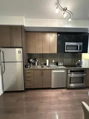 a kitchen with stainless steel appliances and brown cabinets at Cozy Condo Midtown Toronto in Toronto