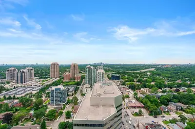 an aerial view of a city with tall buildings at High Floor 1 Bedroom plus Den Condo Apartment City View North York Toronto in Toronto