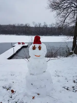 a snowman standing in the snow next to a lake at Winter at Wildwood in Bailieboro