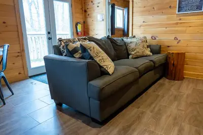 a couch in a living room with wooden walls at Winter at Wildwood in Bailieboro