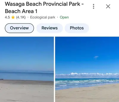 a screenshot of the beach and a screenshot of a webpage of a beach area at Season Bliss - Blue Mountain Ski & Wasaga Beach in Wasaga Beach