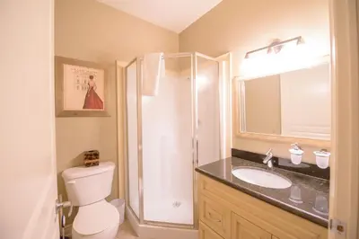 a bathroom with a shower and a toilet and a sink at STONEHAVEN RETREAT in Niagara Falls