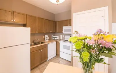 a kitchen with a white refrigerator and a vase of flowers at PRESIDENTIAL SUITE in Niagara Falls