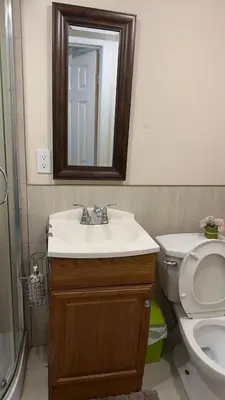 a bathroom with a sink and a toilet and a mirror at Cozy Private Basement Suite Beside Plaza Free Parking Walk to Groceries & Dining in Richmond Hill