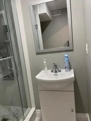 a bathroom with a sink and a mirror at Bright & Cozy Basement Retreat in Oshawa