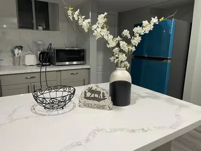 a kitchen counter with a vase with flowers in it at Bright & Cozy Basement Retreat in Oshawa