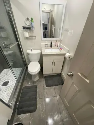 a bathroom with a toilet and a shower and a sink at Homestay At Queen St-Downtown Toronto-Free Wifi N in Toronto