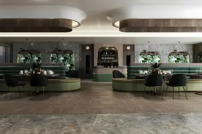 a rendering of a restaurant with tables and chairs at Le Méridien Toronto Pinnacle Hotel in Toronto
