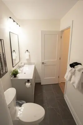 a bathroom with a white toilet and a sink at Downtown Stratford - The Blowes Inn in Stratford