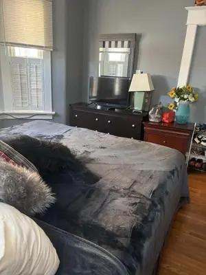 a bedroom with a bed and a dresser with a television at Woodbridge Heritage Home in Vaughan