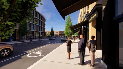 a rendering of a city street with people standing on a sidewalk at The Clayfield, in the Unbound Collection by Hyatt in Niagara on the Lake