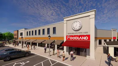 an artists rendering of a foodeland building on a street at The Clayfield, in the Unbound Collection by Hyatt in Niagara on the Lake