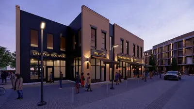 a rendering of a street with people walking in front of buildings at The Clayfield, in the Unbound Collection by Hyatt in Niagara on the Lake