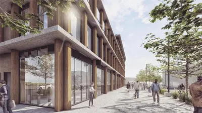 a rendering of a building with people walking down a sidewalk at The Clayfield, in the Unbound Collection by Hyatt in Niagara on the Lake