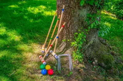 a group of baseball bats and balls next to a tree at Top 5% Sauna | Bocce Ball | Vineyard Views | NOTL in Niagara on the Lake