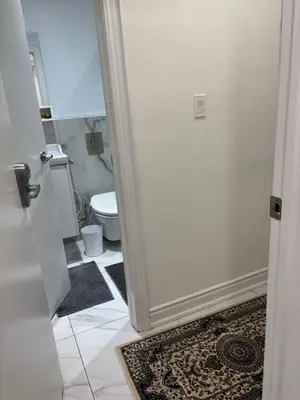 a white bathroom with a toilet and a door at park inn in Toronto