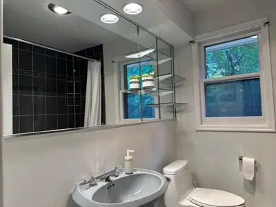 a bathroom with a sink and a toilet and a mirror at Modern Private Room with Bessarion Subway North York in Toronto