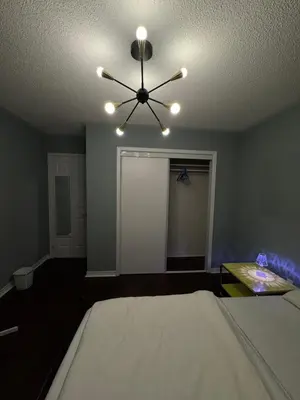a bedroom with a ceiling fan and a bed at Gorgeous Private room in Toronto