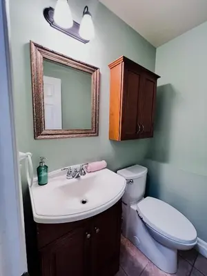 a bathroom with a sink and a toilet and a mirror at Family Comfort Retreat in Brampton