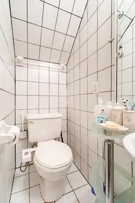 a white bathroom with a toilet and a sink at Studio Apartment in Casa, semi-bsmt in Toronto