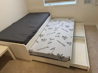 a bed in a small room with a mattress at Fully furnished 3BR, 3WR entire two storey with unfinished basement- Ford Milton , ON Canada in Milton