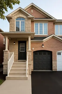 a brick house with a black garage door at Comfortable Brampton Getaway 3BR, 3BA, 4 Beds in Brampton