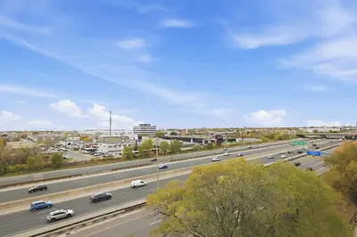 an overhead view of a highway with cars on it at Stylish 2BR Retreat Parking & Sleeps 6 in Toronto