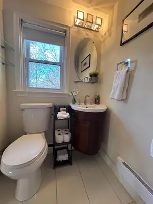 a bathroom with a toilet and a sink and a window at Vintage Pines Guest House in Niagara on the Lake