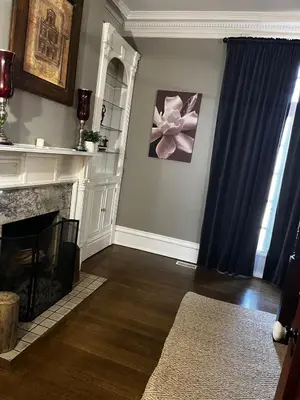 a living room with a fireplace and blue curtains at 1Br Apt In Mansion With Indoor Pool Hot Tub in Hamilton