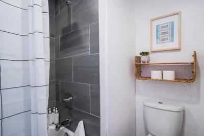 a bathroom with a toilet and a shower at Cranberry Apres Nest Bright Reno Near Blue Mtn in Collingwood