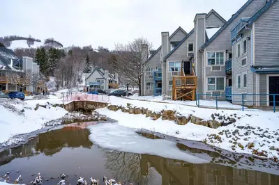 a street with houses and a river in the snow at Mountain View Ski-In-Out Pool Shuttle to Blue in Blue Mountains