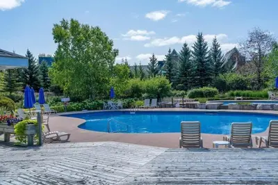 a large swimming pool with chairs and umbrellas at Out of the Blue - Shuttle to Blue Walk & Trails in Blue Mountains