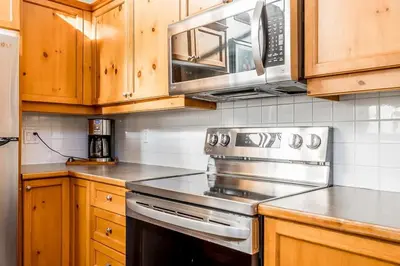 a kitchen with a stove and a microwave at Still Winds - Private Patio - Shuttle to Blue in Blue Mountains