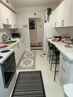 a kitchen with white cabinets and a black and white rug at V-Swim Suite-1 in Toronto