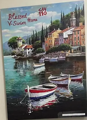 a painting of boats in a river with houses at V-Swim Suite-1 in Toronto