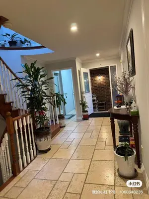 a hallway with potted plants and a staircase in a house at 203 Comfortable private bedroom on second floor in Mississauga