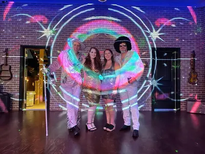 a group of three women standing in front of a rainbow at Renovated Church Hamilton! Evening Event Rental! in Hamilton