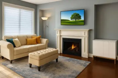 a living room with a couch and a fireplace at Cozy 3 Bed Whole Rental Home for your stay! in Brampton