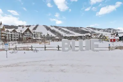 a resort in the snow with the word blue at 225 Snowbridge with Village Shuttle in Blue Mountains