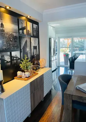 a kitchen with a counter with a christmas tree on it at Beautiful Home with Hot tub by YYZ, 20min to CN Tower in Toronto
