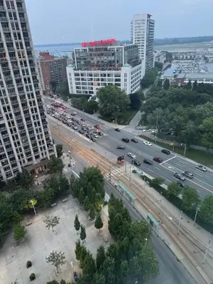 an aerial view of a busy city street with buildings at 1 bedroom condo by lakeshore in Toronto
