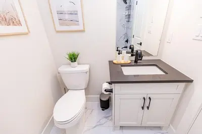 a bathroom with a white toilet and a sink at Sauna, Hot Tub & Heated Pool Blue Mountain Getaway in Blue Mountains