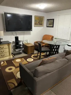 a living room with a couch and a flat screen tv at Pau-Rae's Cozy Spot - your home away from home! in Thornhill