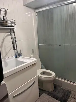 a bathroom with a toilet and a sink and a shower at Pau-Rae's Cozy Spot - your home away from home! in Thornhill