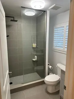 a bathroom with a glass shower with a toilet at K Niagara Guesthouse in Niagara Falls