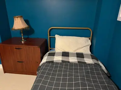 a bed with a pillow and a lamp on a night stand at Sunshine room on Downsview in Toronto