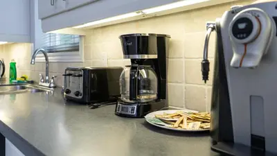 a kitchen counter with a coffee maker and a plate of chips at Muskoka 4-Bedroom Cottage in Port Carling